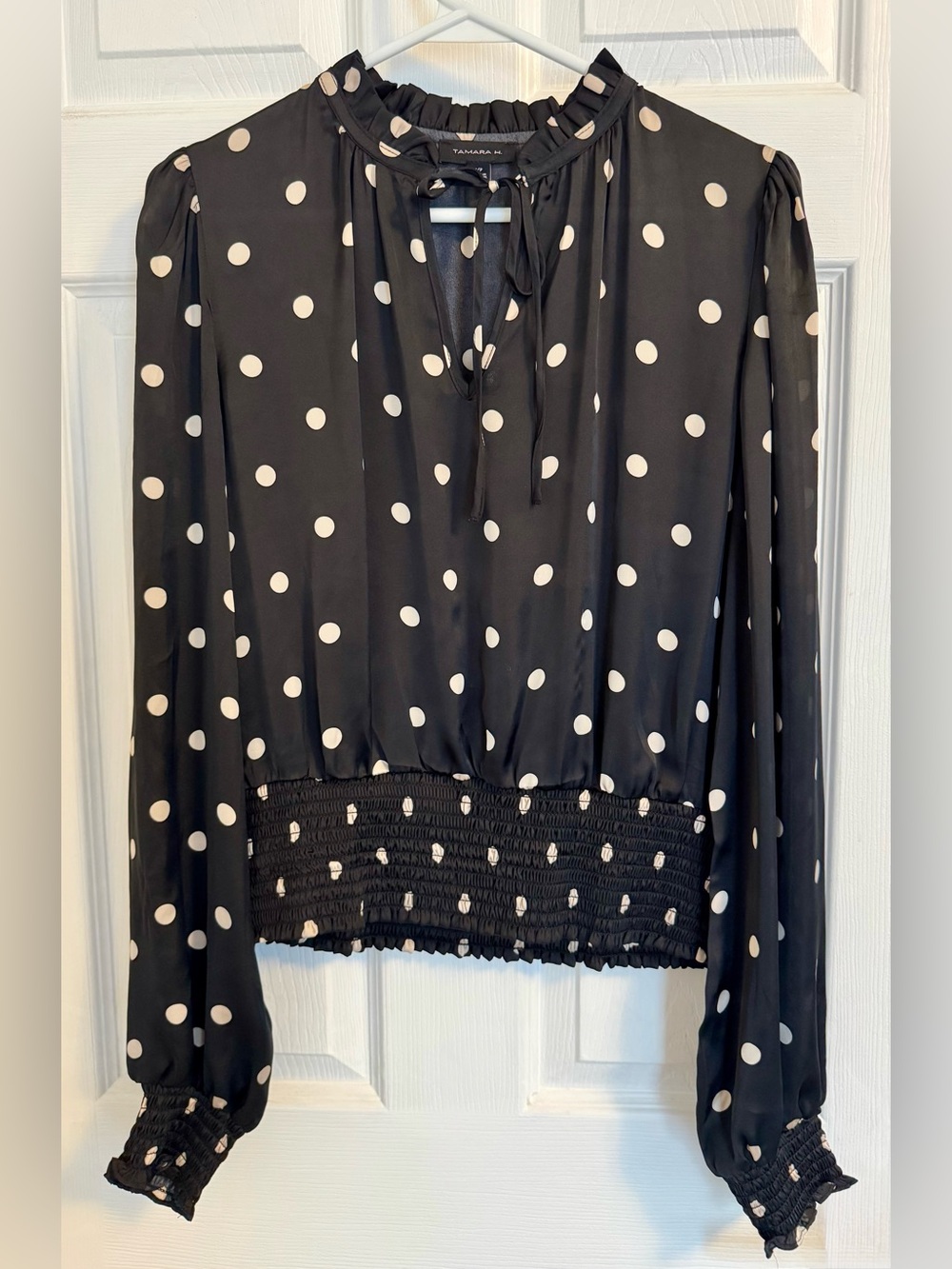 Tamara H Polka Dot Satin Blouse with Smocked Waist